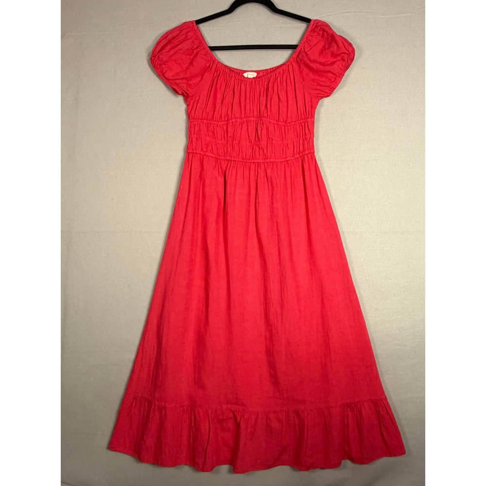 Sim & Sam Midi Dress Coral Smocked Puff Sleeve Ruffle Linen Blend Cottagecore